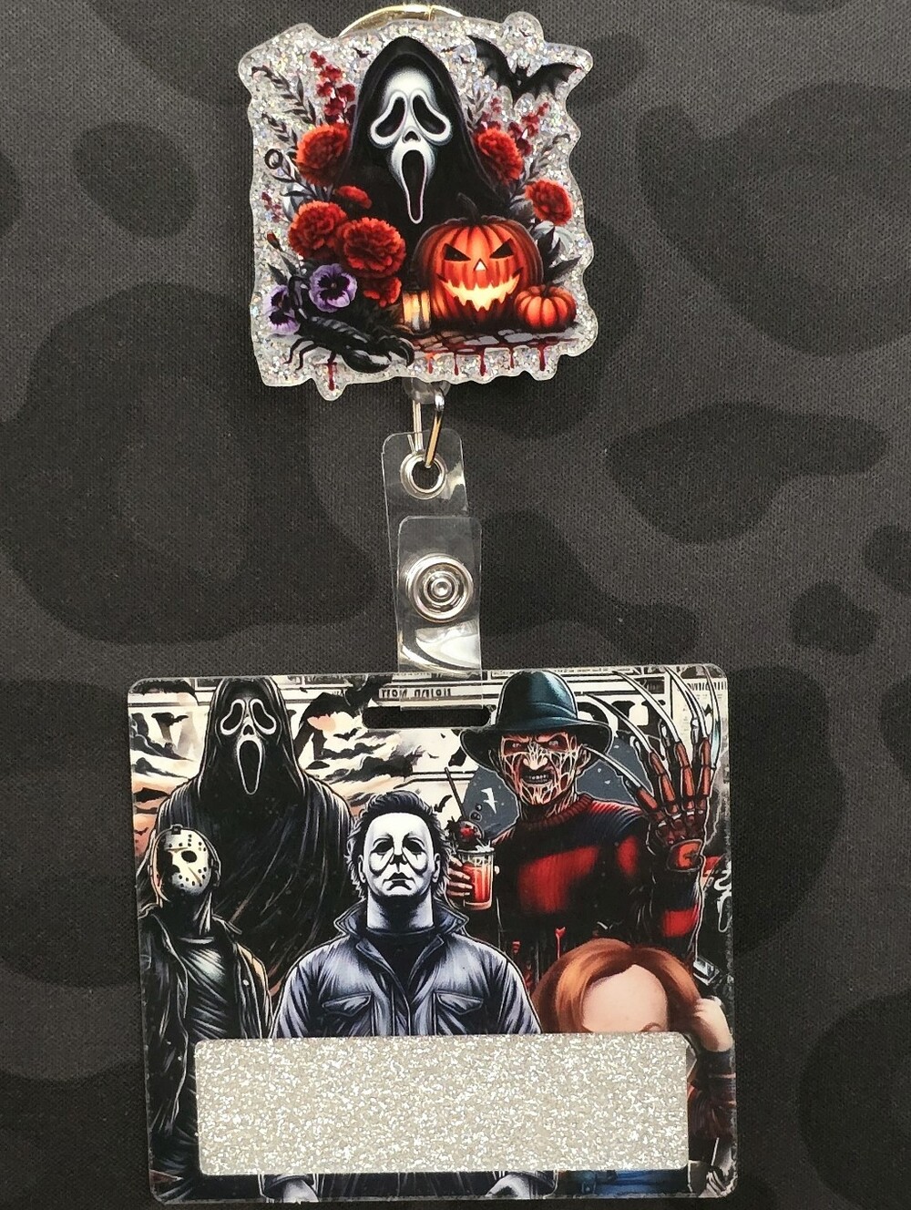 Ghost Face Halloween Novelty Acrylic Badge Reel & Buddy Set ID Holder